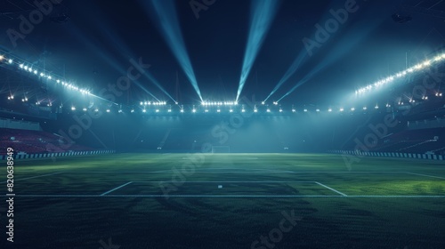 Panoramic view of big soccer stadium with fan stands illuminated by floodlights and spotlights. Empty night Football arena, nobody, banner template, copy space. Generative AI photo. photo