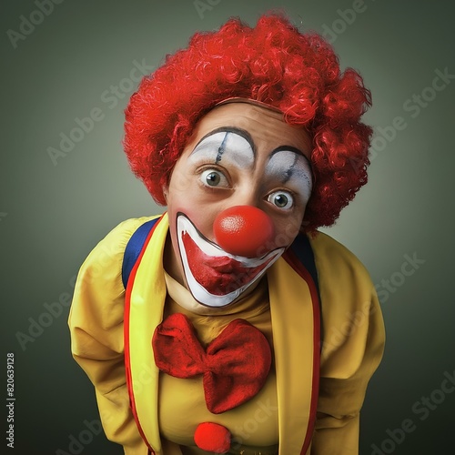 A clown with a red wig, red nose, and colorful outfit, smiling broadly and leaning forward. photo