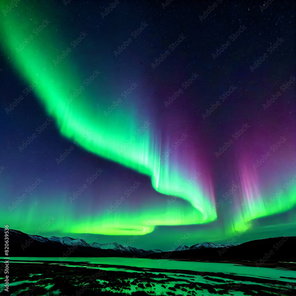 Amazing aurora borealis also known as northern lights in night sky over mountains.