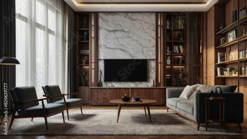 wood classic living room with marble tile