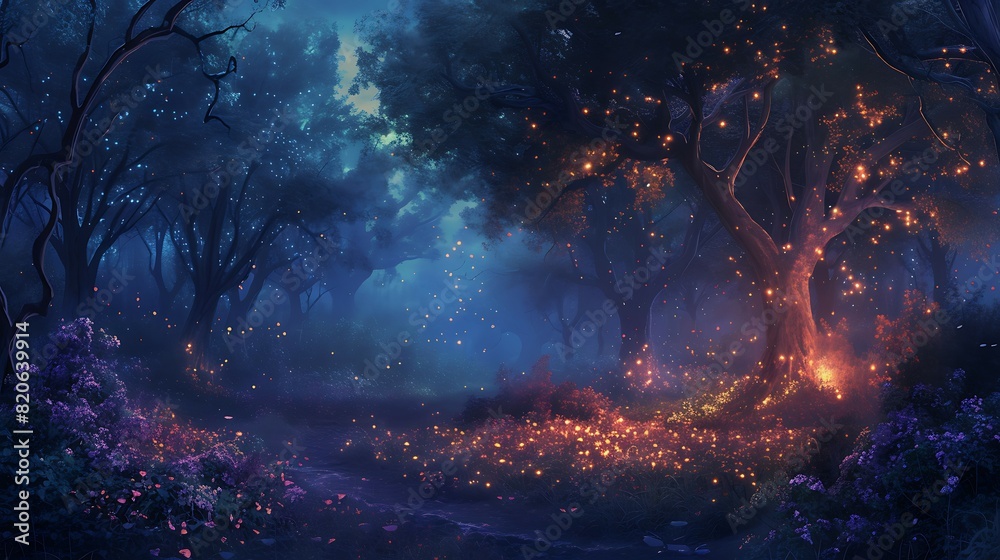 A magical forest landscape at dusk, where trees are bathed in shimmering lights, creating an enchanting and mystical atmosphere reminiscent of a fairytale scene. The foliage is bathed in a dreamy glow A magical forest landscape at dusk, where trees are bathed in shimmering lights, creating an enchanting and mystical atmosphere reminiscent of a fairytale scene. The foliage is bathed in a dreamy glow