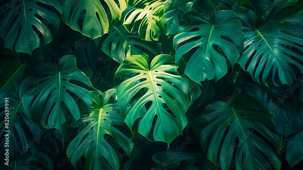Fototapeta premium Neon-green Monstera deliciosa leaves.
