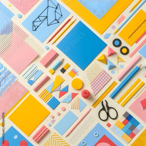 AI Generate of Background texture of Fashion Papers in Memphis Geometry Style. Yellow, blue, light blue, red and pastel pink colors. Top view, flat lay.