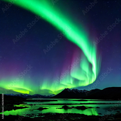 Amazing green aurora borealis also known as northern lights in night sky over mountains and water