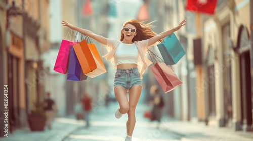 A young woman happily shops in the city, embodying carefree lifestyle with trendy purchases on a sunny day, reflecting joy. Her style is modern and fashionable, enjoying urban retail therapy