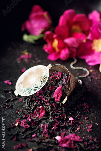 Black rose tea flavored with rose petals in a steel tea infuser, focus on the center, close-up view