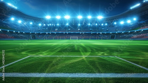 Soccer stadium at night with perfect lawn and floodlights lighting - theme soccer, world cup and sports