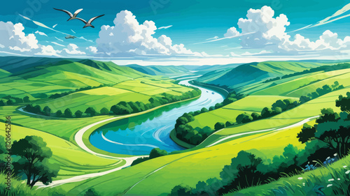 a painting of a green valley with a river running through it