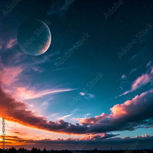 Blue sky at sunset with pink clouds and a crescent moon.