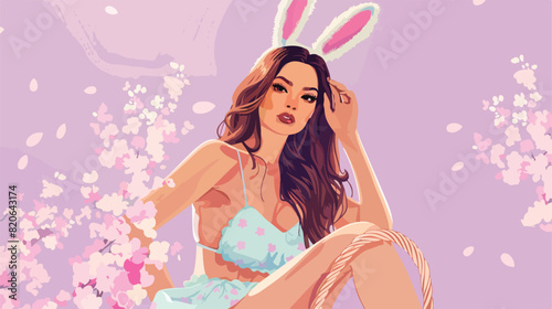 Sexy young woman in bunny ears with basket for Easter