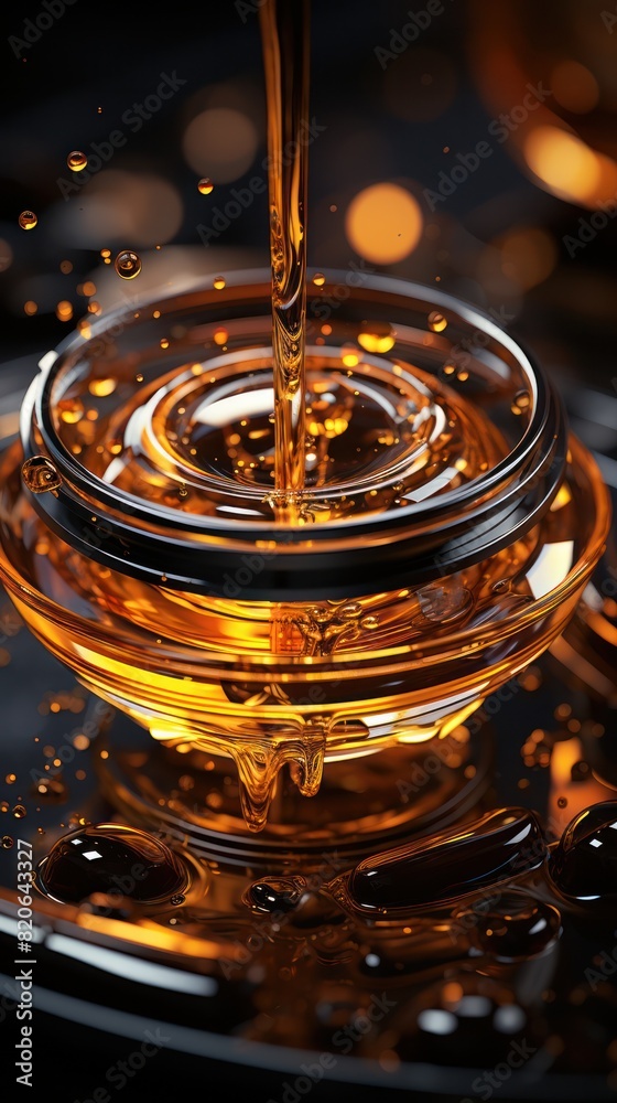 A mesmerizing close-up of golden liquid being poured into a glass container, creating ripples and splashes, set against a dark background. A mesmerizing close-up of golden liquid being poured into a glass container, creating ripples and splashes, set against a dark background.