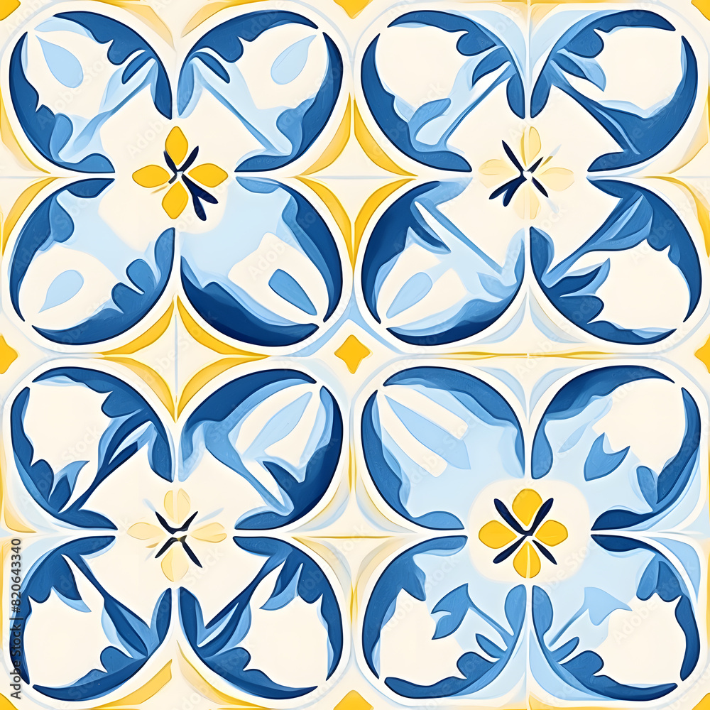Fototapeta premium Watercolor yellow, blue and white floral geometric tile seamless pattern