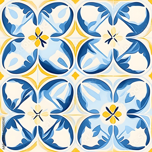 Watercolor yellow  blue and white floral geometric  tile seamless pattern