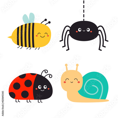Snail cochlea, spider web,bee bumblebee, lady bug ladybird flying insect icon set. Cute cartoon kawaii funny baby character. Ladybug. Happy Valentines Day. Flat design. White background. Vector © worldofvector