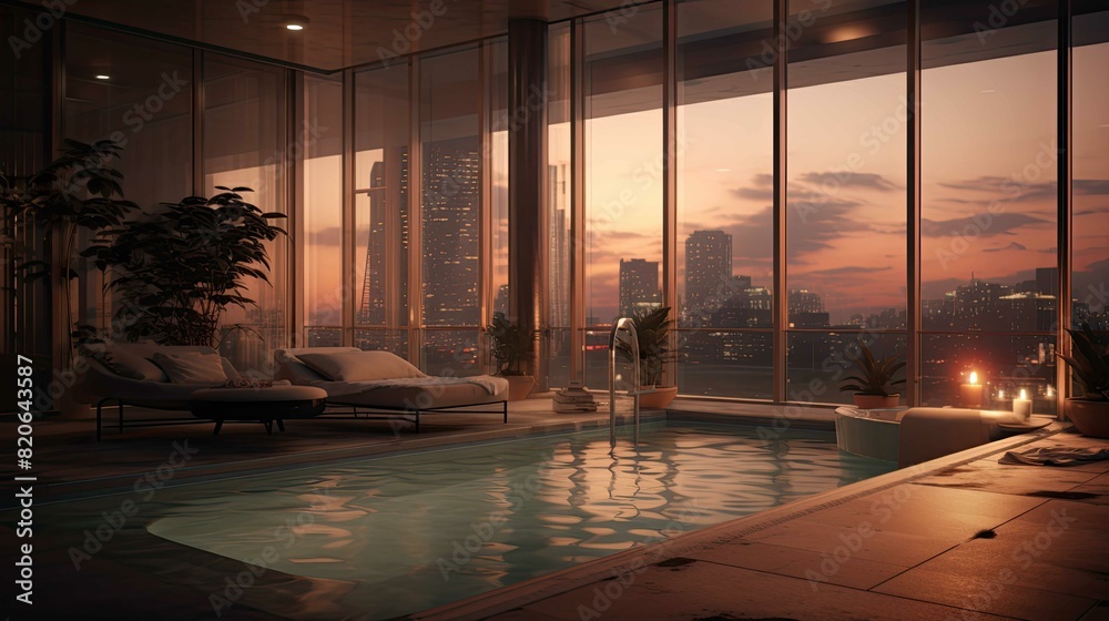 Fototapeta premium Pool at sunset. AI generated art illustration.