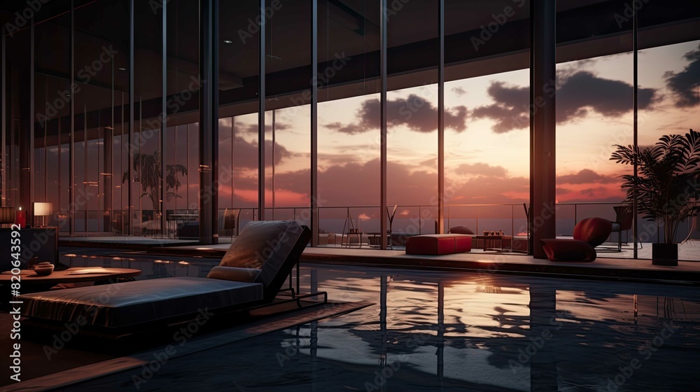 Fototapeta premium Pool at sunset. AI generated art illustration.