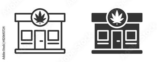 Vector illustration of a cannabis dispensary storefront icon in two styles, representing medical marijuana shops.