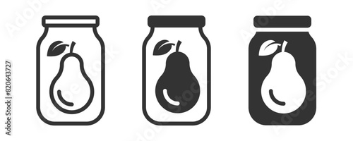 Simple pear jam jar icon in black and white. Vector illustration suitable for food and packaging design concepts.