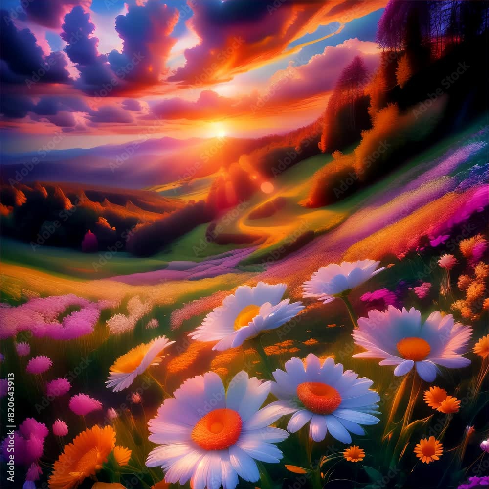 A stunning landscape of hills covered in colorful flowers under a dramatic sunset sky.. AI Generation