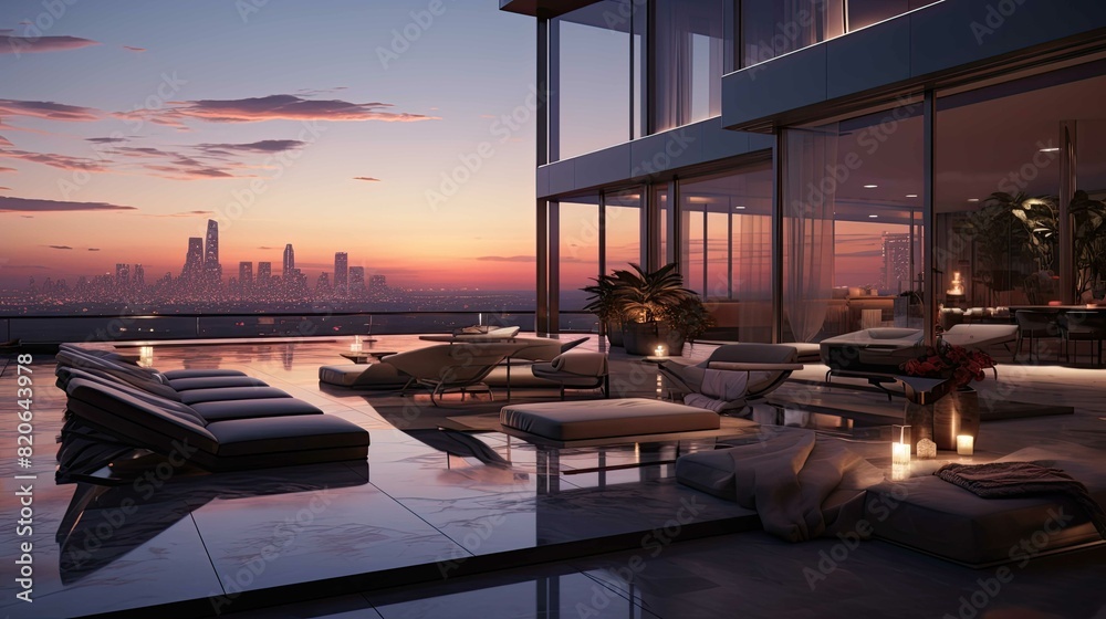 Fototapeta premium Pool at sunset. AI generated art illustration.