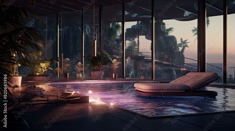 Fototapeta premium Pool at sunset. AI generated art illustration.