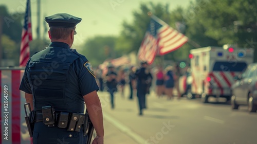 Toned photo rear view police officer at public July 4 parade event near Dallas