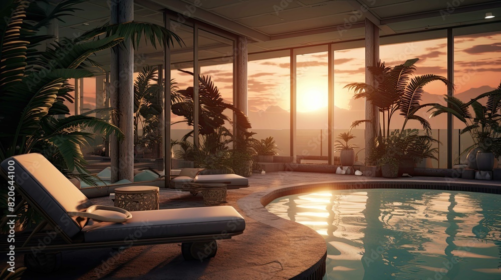 Fototapeta premium Pool at sunset. AI generated art illustration.