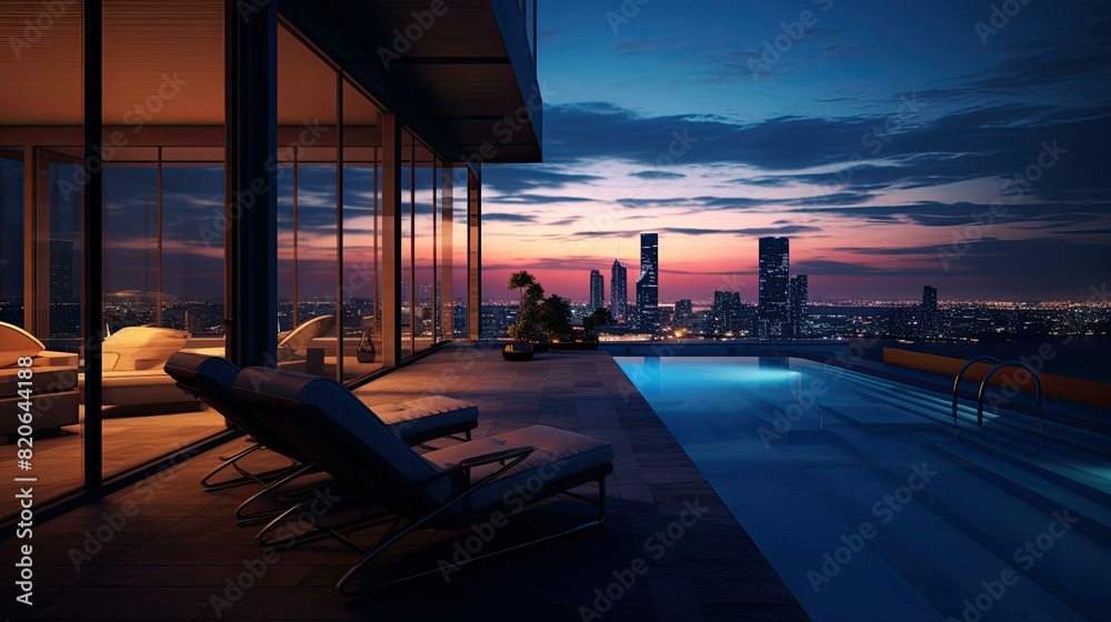 Fototapeta premium Pool at sunset. AI generated art illustration.