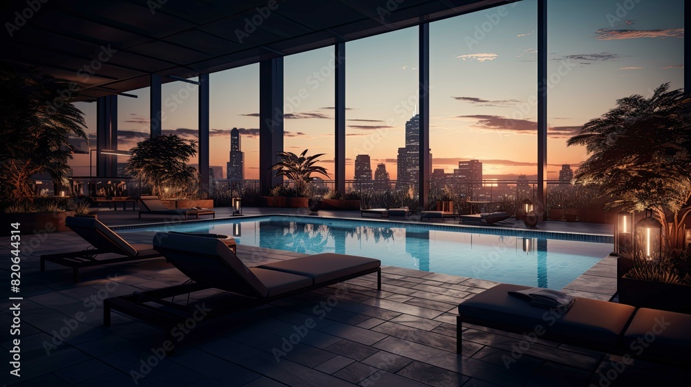 Fototapeta premium Pool at sunset. AI generated art illustration.