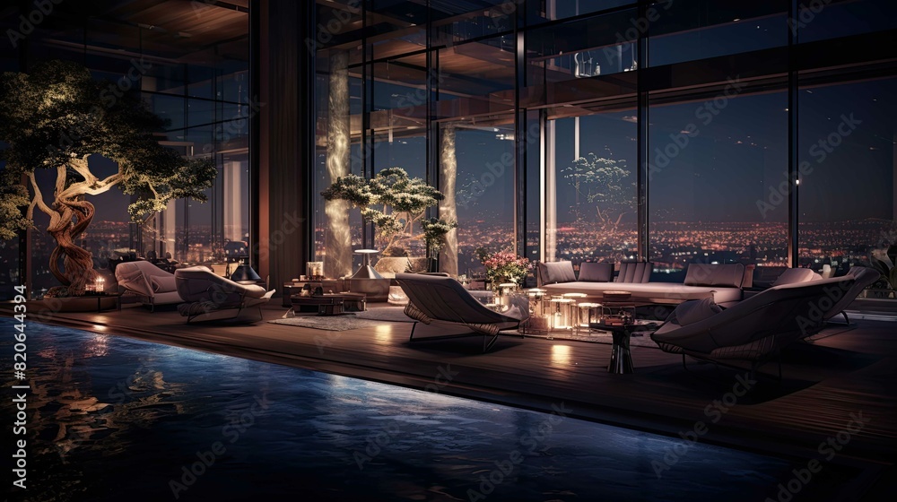 Fototapeta premium Pool at sunset. AI generated art illustration.