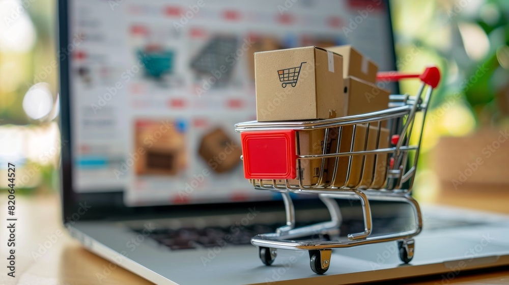 The illustration of a mini shopping cart and boxes on a laptop keyboard symbolizes the core of online shopping, tied with terms like ecommerce, digital marketing, and consumer goods