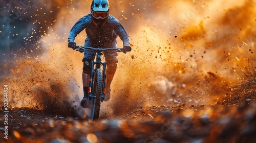 A mountain biker fiercely rides through a forest with autumn leaves flying, depicting speed and adventure