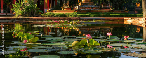 Tranquil Lotus Pond at a Temple Surrounded by Lush Greenery
