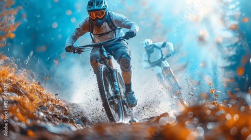 Two mountain bikers race down a muddy trail, splashing mud, showcasing intense competition and agility