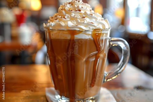 A latte with salted caramel and whipped cream