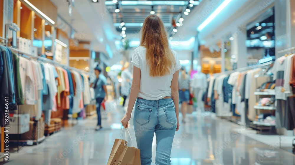 A woman enjoys shopping in a modern mall interior, indulging in retail therapy, browsing stylish outfits, and exploring the vibrant shopping culture of the urban retail environment A woman enjoys shopping in a modern mall interior, indulging in retail therapy, browsing stylish outfits, and exploring the vibrant shopping culture of the urban retail environment