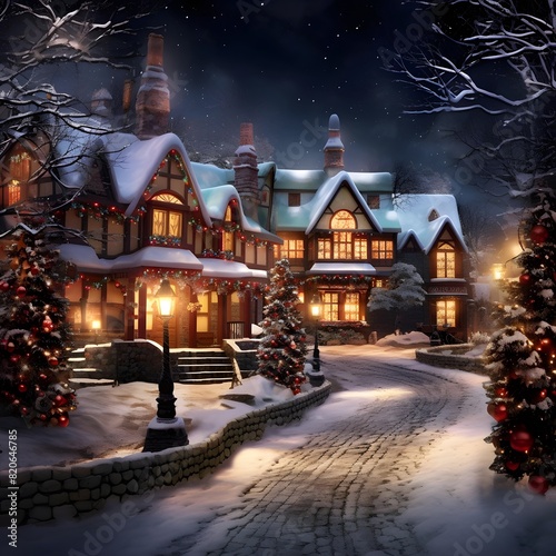 Christmas village at night. Christmas and New Year holidays concept. 3D rendering