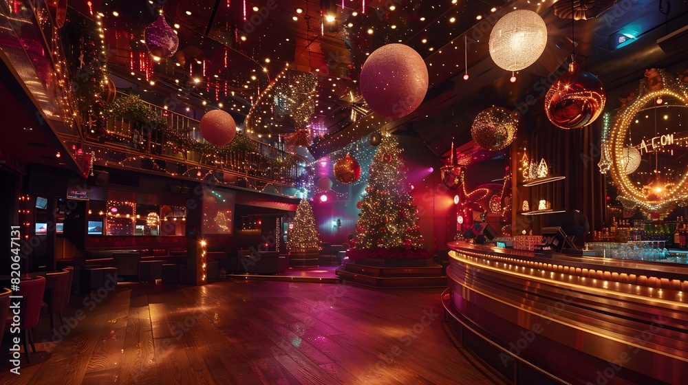 Obraz premium Happy Santa Claus at DJ console on New Year background with decorated Christmas trees.
