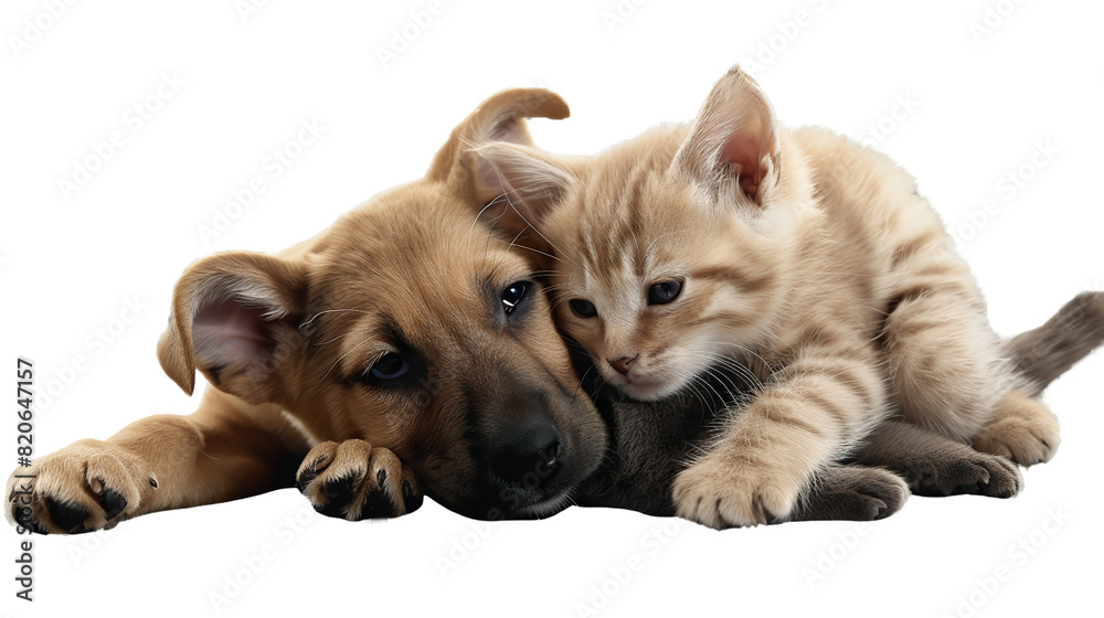 Cute puppy and kitten cuddling together on a transparent background