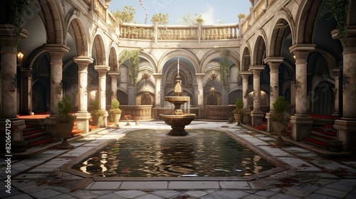 The courtyard of the cathedral de mallorca. AI generated art illustration.