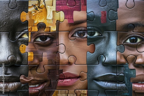 Diversity United: Multicultural Faces Merged in a Colorful Jigsaw Puzzle photo