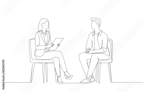Continuous one line drawing of female account executive meeting client to get feedback, customer relationship concept, single line art.