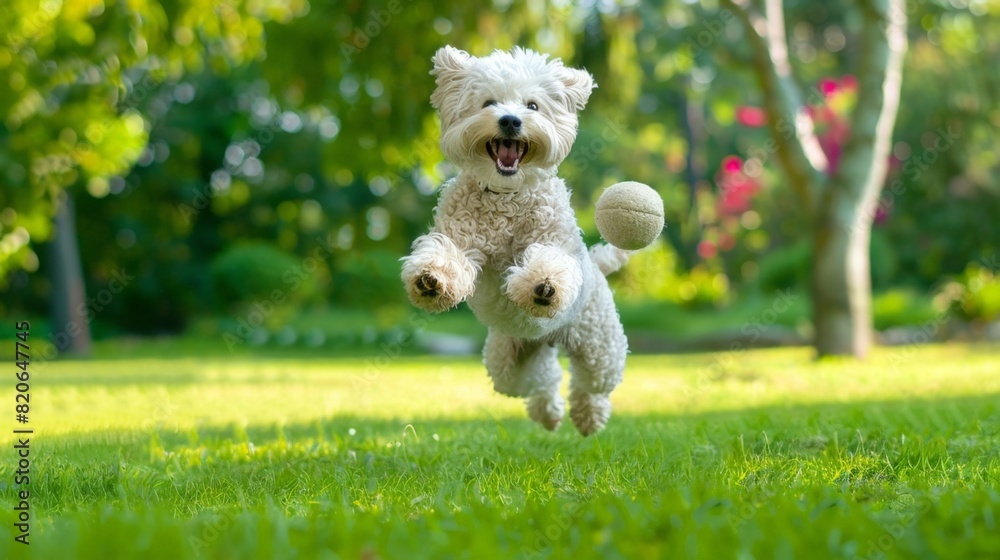Energetic White Fluffy Dog Playing with a Ball in Lush Green Park Energetic White Fluffy Dog Playing with a Ball in Lush Green Park