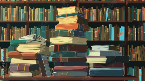 Stack of books on table in library Vector illustration