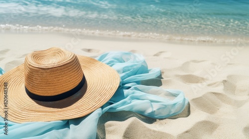 Serene Beach Vacation Scene with Straw Hat and Blue Scarf on Sandy Shore