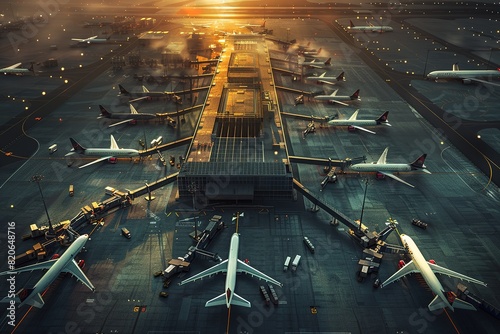 Aerial view of Tom Bradley International Terminal concourse at LAX airport. Busy passengers concourse with aircraft from airlines from around the world.