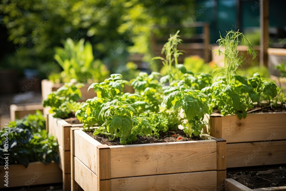 Wooden raised beds in modern urban garden with growing plants flowers herbs spices and vegetables Wooden raised beds in modern urban garden with growing plants flowers herbs spices and vegetables