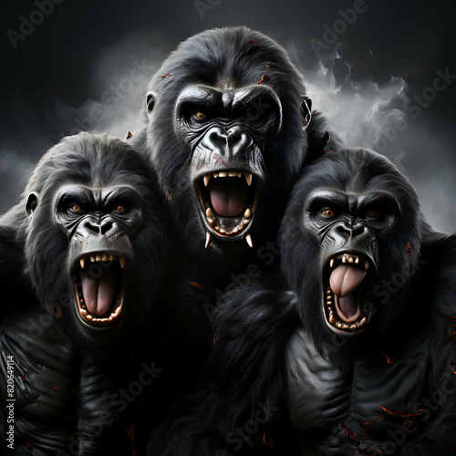 3D rendering of a group of angry gorilla in a dark environment photo