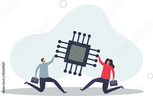 businessman tug of war fighting to get computer chip.flat vector illustration.