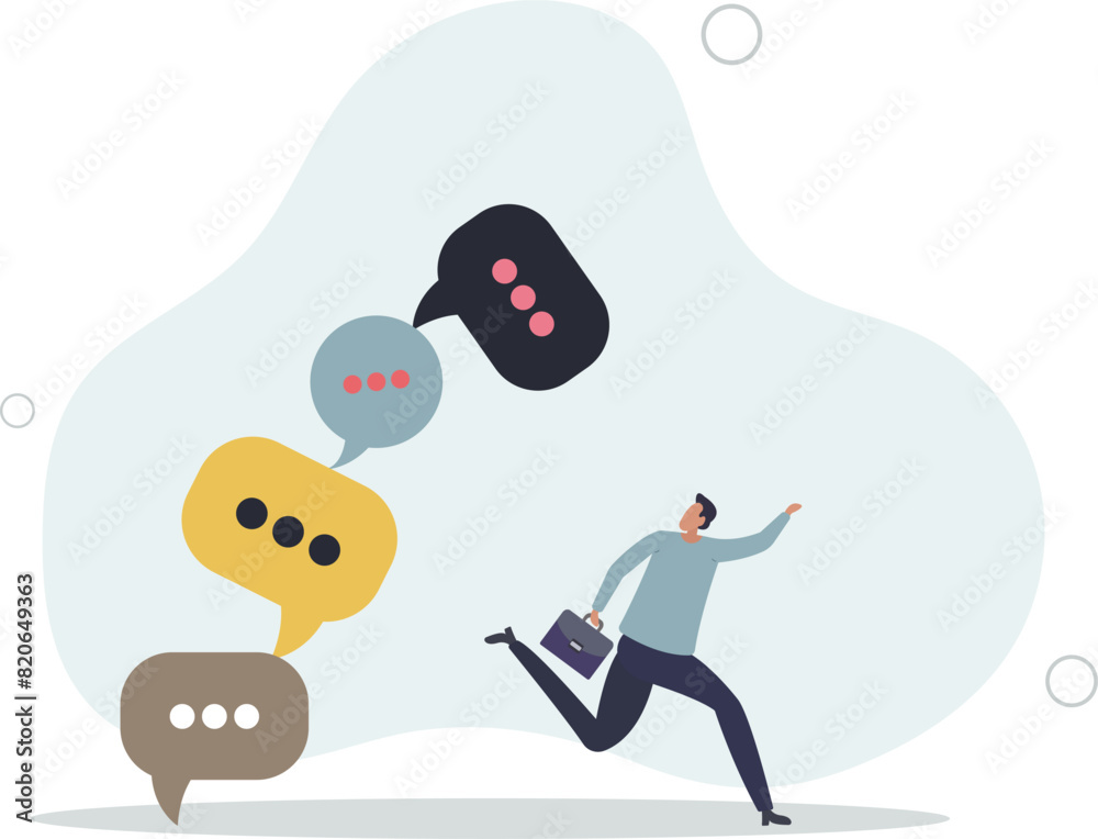 frustrated businessman run away from collapsing stack of online speech bubble.flat vector illustration. frustrated businessman run away from collapsing stack of online speech bubble.flat vector illustration.